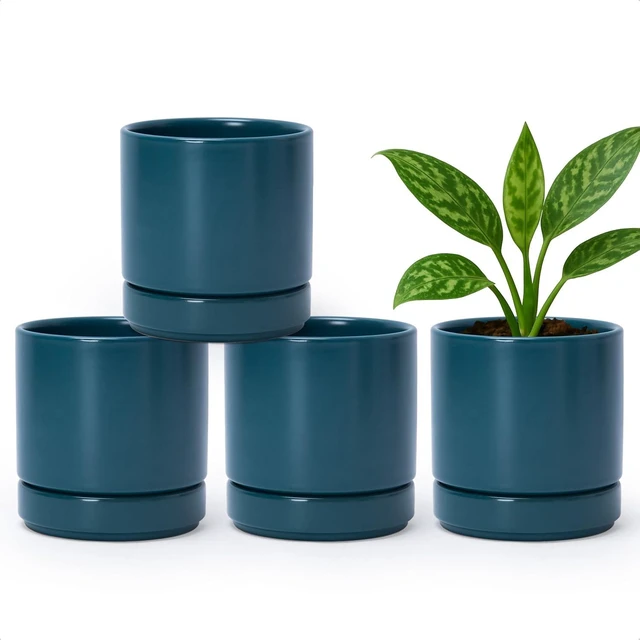 Main image of D'vine Dev 4-Pack Ceramic Pots with Saucers, Teal, 4.7 in, 94-X-B-9