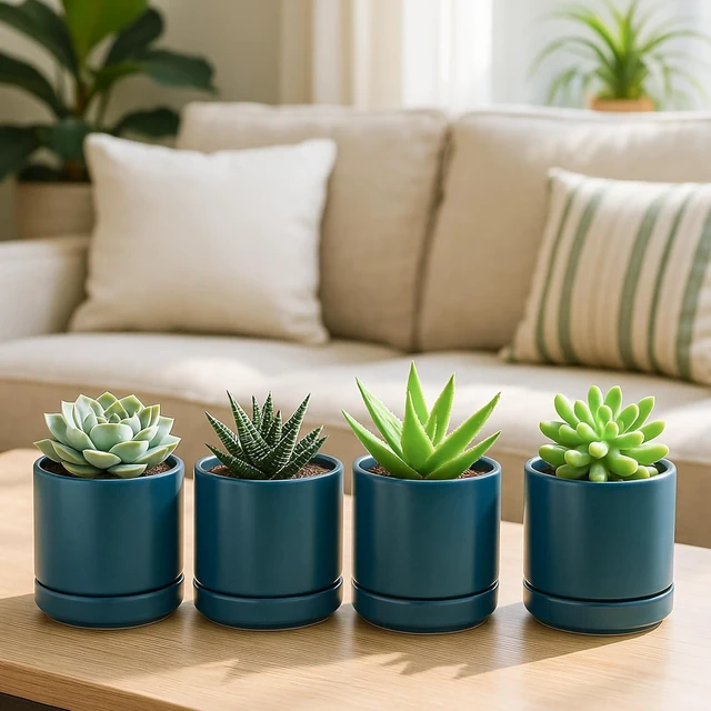 Alt view image 2 of 6 - D'vine Dev 4-Pack Ceramic Pots with Saucers, Teal, 4.7 in, 94-X-B-9