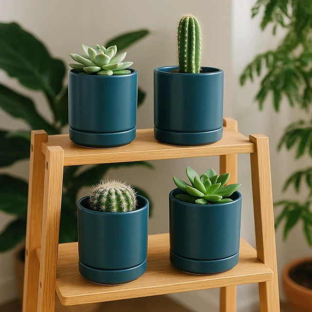 Alt view image 4 of 6 - D'vine Dev 4-Pack Ceramic Pots with Saucers, Teal, 4.7 in, 94-X-B-9
