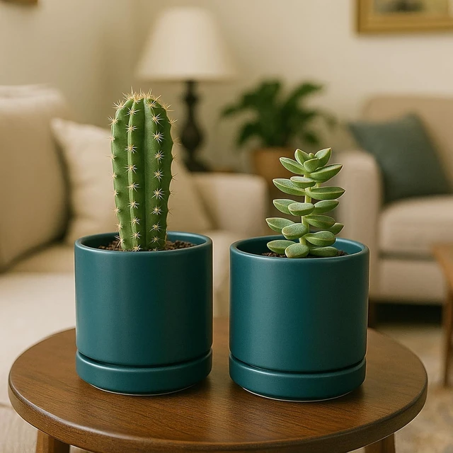 Alt view image 5 of 6 - D'vine Dev 4-Pack Ceramic Pots with Saucers, Teal, 4.7 in, 94-X-B-9