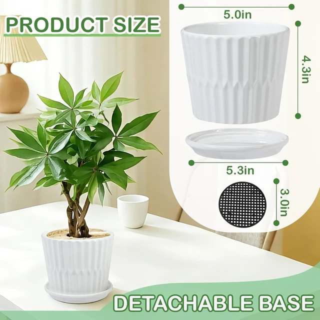 Alt view image 2 of 7 - 5.5 Ceramic Plant Pots with Drainage and Saucer 4PCs White