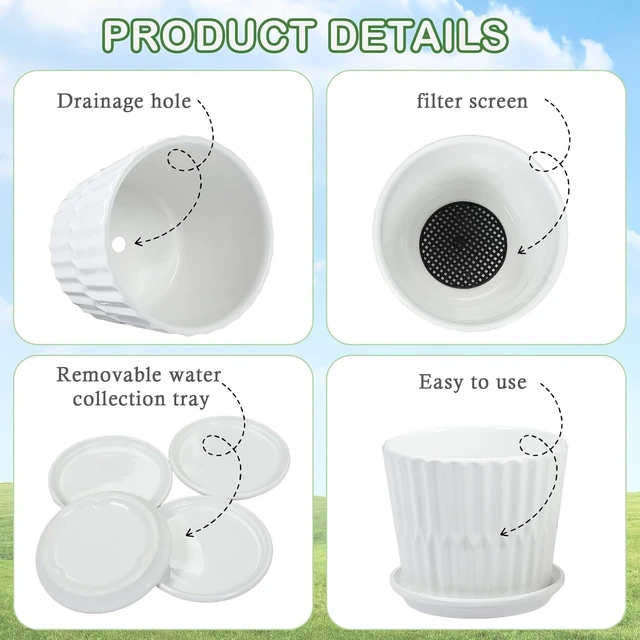 Alt view image 3 of 7 - 5.5 Ceramic Plant Pots with Drainage and Saucer 4PCs White
