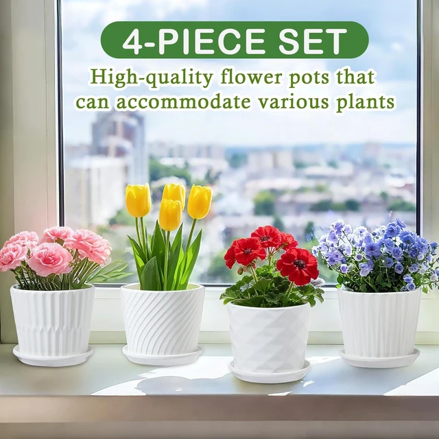 Alt view image 7 of 7 - 5.5 Ceramic Plant Pots with Drainage and Saucer 4PCs White