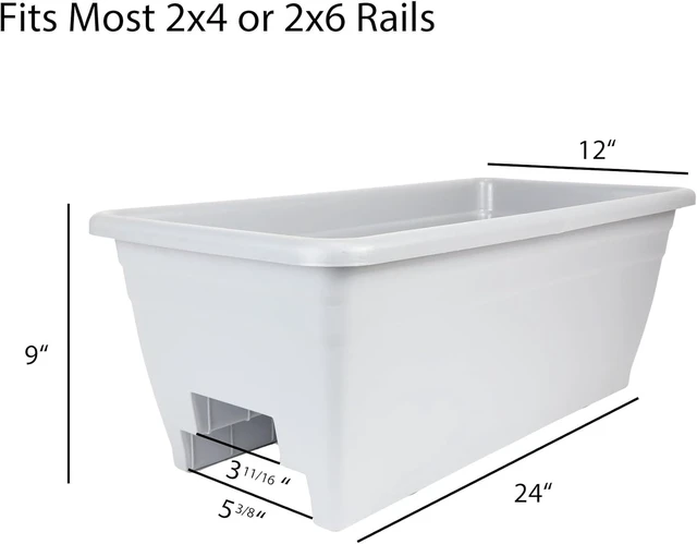 Alt view image 2 of 5 - The HC Companies 24 Inch Deck Rail Box Planter Lightweight Outdoor Plastic Plant Pot for Herbs and Flowers, White