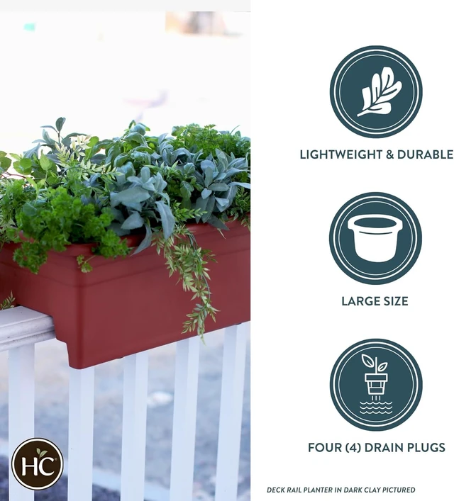 Alt view image 4 of 5 - The HC Companies 24 Inch Deck Rail Box Planter Lightweight Outdoor Plastic Plant Pot for Herbs and Flowers, White