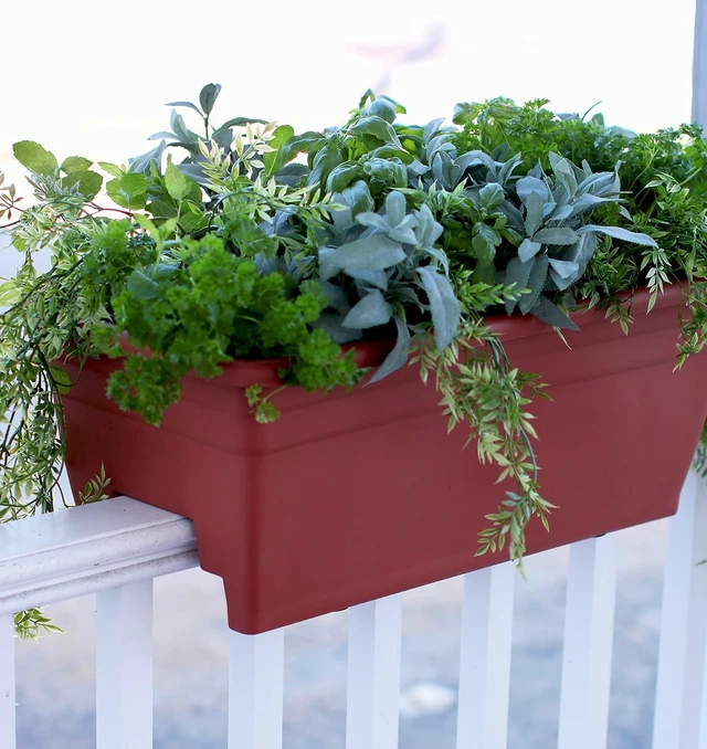 Alt view image 5 of 5 - The HC Companies 24 Inch Deck Rail Box Planter Lightweight Outdoor Plastic Plant Pot for Herbs and Flowers, White