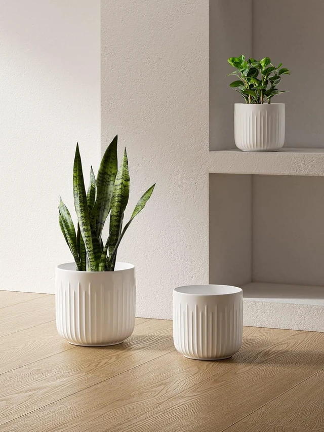 Alt view image 5 of 7 - LE TAUCI Ceramic Planters, 8.3/7/6 Inch Indoor Pots for Plants with Drainage Holes & Mesh, Modern Matte Glaze Cylinder Fluted Plant Pot for Snake Plant, Set of 3, White
