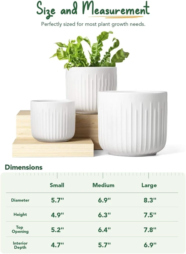 Alt view image 6 of 7 - LE TAUCI Ceramic Planters, 8.3/7/6 Inch Indoor Pots for Plants with Drainage Holes & Mesh, Modern Matte Glaze Cylinder Fluted Plant Pot for Snake Plant, Set of 3, White