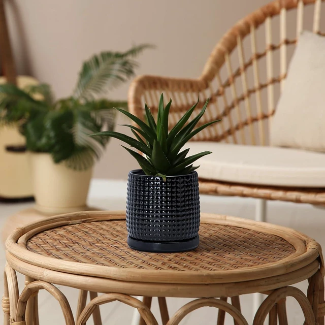 Alt view image 5 of 6 - D'vine Dev Beaded Ceramic Pot with Saucer, 4 in, Glossy Black, 27-C-Z-2