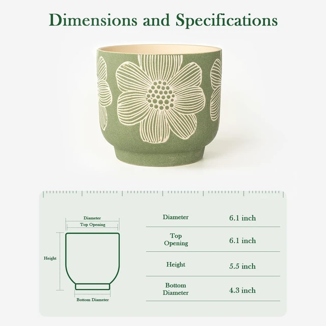 Alt view image 3 of 7 - 6 Inch Ceramic Plant Pots with Drainage Holes for Indoor Plants