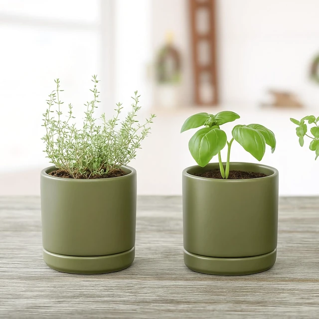 Alt view image 2 of 7 - D'vine Dev 2-Pack Ceramic Pots with Saucers, Olive, 3.5 in, 94-V-A-J