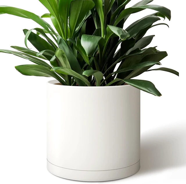 Main image of Giraffe Creation 12 Inch Cylinder Plant Pot, Modern Round Planter with Drainage Holes and Saucer, Durable Plastic Flower Pot for Indoor Outdoor Plants, White