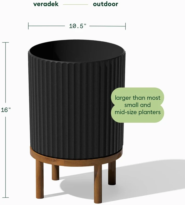 Alt view image 2 of 7 - Veradek Demi Series Round Planter w/ Stand for Porch/Patio | Durable Plastic-Concrete & Wooden Stand | Modern Décor for Tall Plants, Flowers