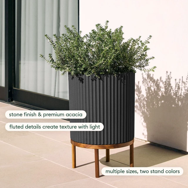 Alt view image 4 of 7 - Veradek Demi Series Round Planter w/ Stand for Porch/Patio | Durable Plastic-Concrete & Wooden Stand | Modern Décor for Tall Plants, Flowers