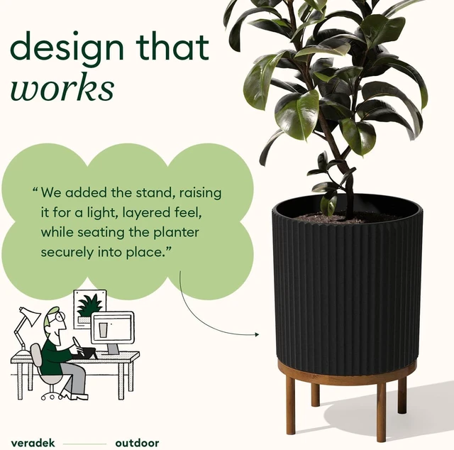 Alt view image 5 of 7 - Veradek Demi Series Round Planter w/ Stand for Porch/Patio | Durable Plastic-Concrete & Wooden Stand | Modern Décor for Tall Plants, Flowers