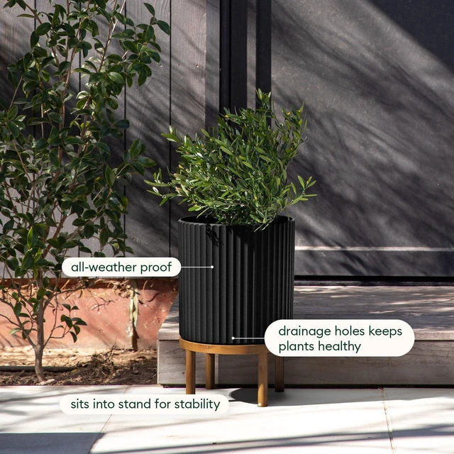 Alt view image 7 of 7 - Veradek Demi Series Round Planter w/ Stand for Porch/Patio | Durable Plastic-Concrete & Wooden Stand | Modern Décor for Tall Plants, Flowers