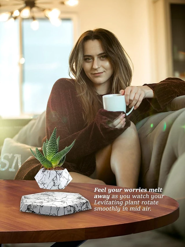 Alt view image 2 of 6 - BandDlevs Floating Pots for Plants - Levitating Pot - Levitating Planter for Bonsai, Succulents, Air Plants - Floating Magnetic Display for Home Office Desks -Magnetic Levitation Plant Holder (Marble)