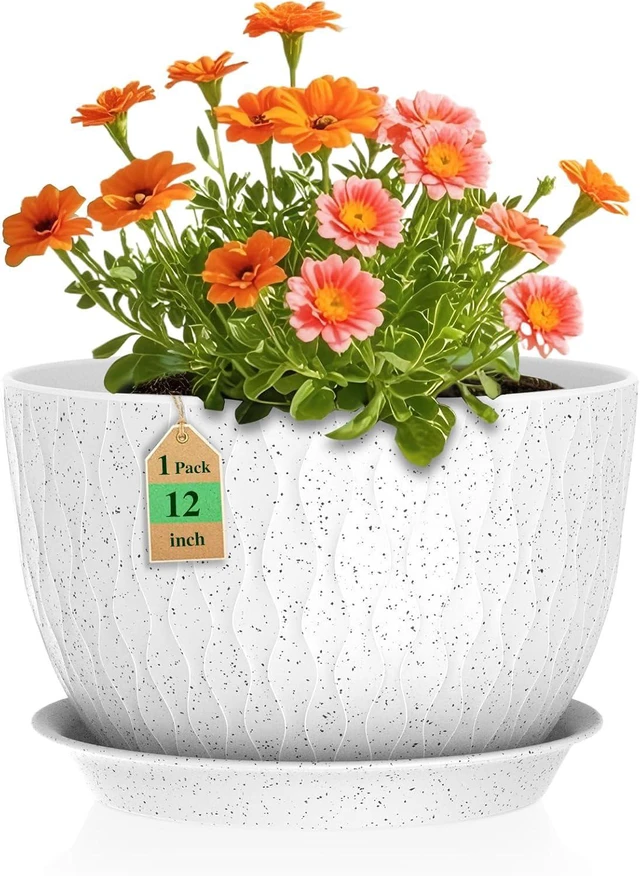 Main image of WSMKSZ 12 Inch Wide Water Ripples Flower Pots for Indoor or Outdoor Plants, Large Plant Pots with Drainage Holes & Saucer, Plastic Planters Set for Garden & Home Decor (White with Black Speckles)