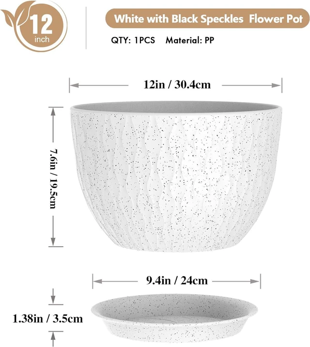 Alt view image 2 of 6 - WSMKSZ 12 Inch Wide Water Ripples Flower Pots for Indoor or Outdoor Plants, Large Plant Pots with Drainage Holes & Saucer, Plastic Planters Set for Garden & Home Decor (White with Black Speckles)