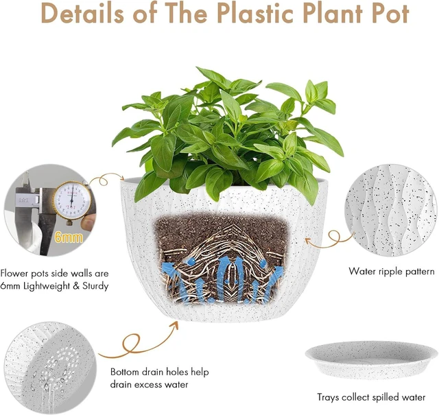 Alt view image 3 of 6 - WSMKSZ 12 Inch Wide Water Ripples Flower Pots for Indoor or Outdoor Plants, Large Plant Pots with Drainage Holes & Saucer, Plastic Planters Set for Garden & Home Decor (White with Black Speckles)