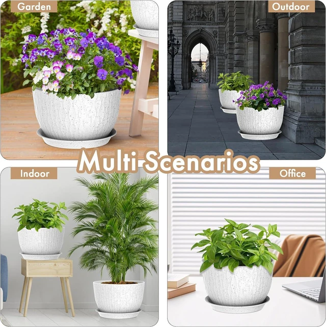 Alt view image 6 of 6 - WSMKSZ 12 Inch Wide Water Ripples Flower Pots for Indoor or Outdoor Plants, Large Plant Pots with Drainage Holes & Saucer, Plastic Planters Set for Garden & Home Decor (White with Black Speckles)
