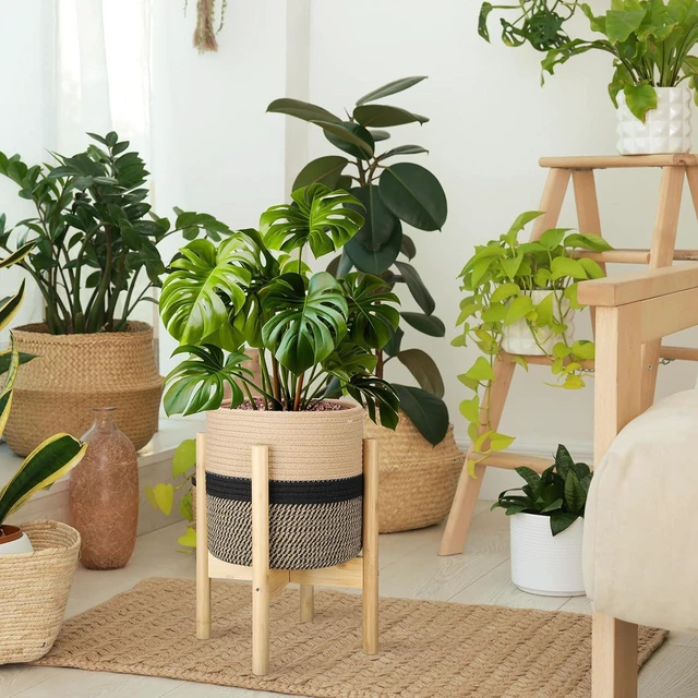 Alt view image 5 of 7 - Plant Basket with Stand,10 Inch,Black and Beige Stripes