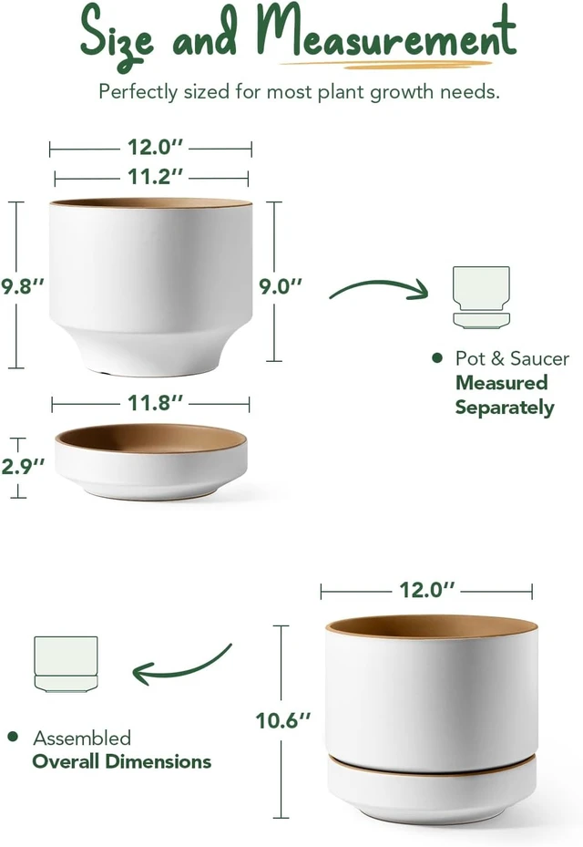 Alt view image 3 of 6 - LE TAUCI 12 Inch Pot for Plants with Saucer, Ceramic Indoor Planter Pot with Drainage Hole, Mesh Pad Included, Matte Glazed Outside, Modern for Home and Office, Alpine White & Ochre