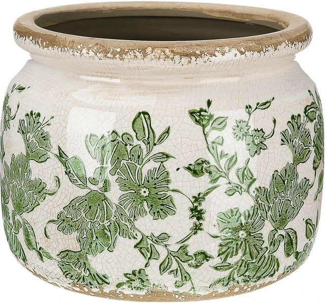Main image of 7.7" Large Ceramic Plant Pot Beige Green Vintage Floral Crackle Glaze Rustic Flowers Pot Decorative Planter with Drainage for Indoor Outdoor Plants Home Kitchen Office Decor Gift