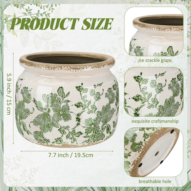 Alt view image 2 of 7 - 7.7" Large Ceramic Plant Pot Beige Green Vintage Floral Crackle Glaze Rustic Flowers Pot Decorative Planter with Drainage for Indoor Outdoor Plants Home Kitchen Office Decor Gift