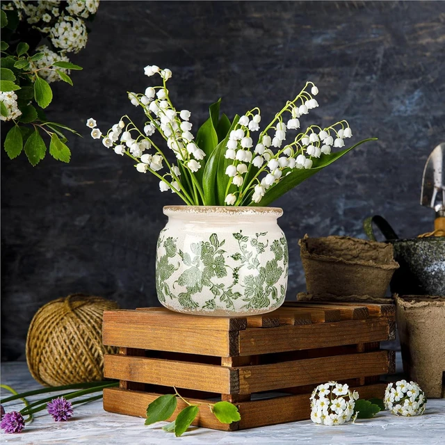 Alt view image 5 of 7 - 7.7" Large Ceramic Plant Pot Beige Green Vintage Floral Crackle Glaze Rustic Flowers Pot Decorative Planter with Drainage for Indoor Outdoor Plants Home Kitchen Office Decor Gift