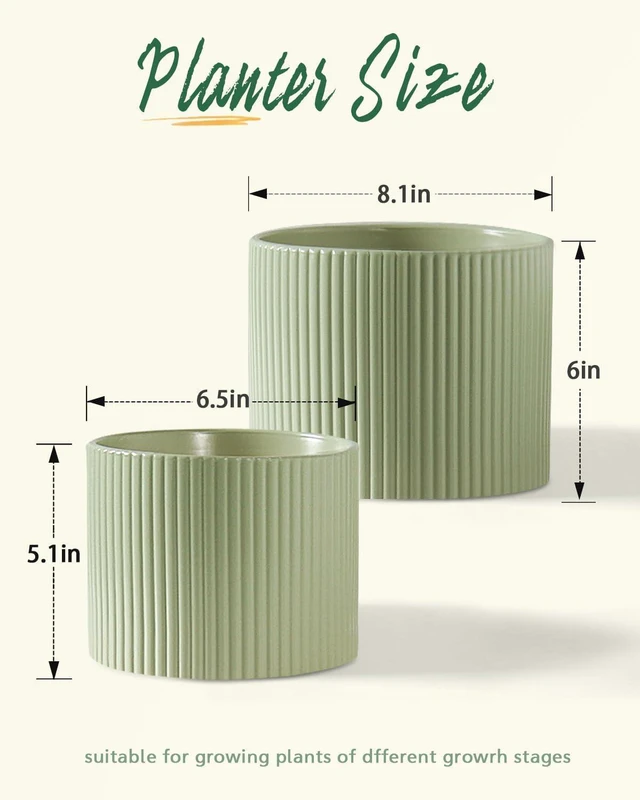 Alt view image 2 of 7 - Ceramic Plant Pots, 8.1 + 6 Inch Planters for Indoor Plants, Modern Flower Pot for Plant with Drainage, Medium Cylinder Flower Pots for Indoor/Outdoor, House Plants, Matte Green