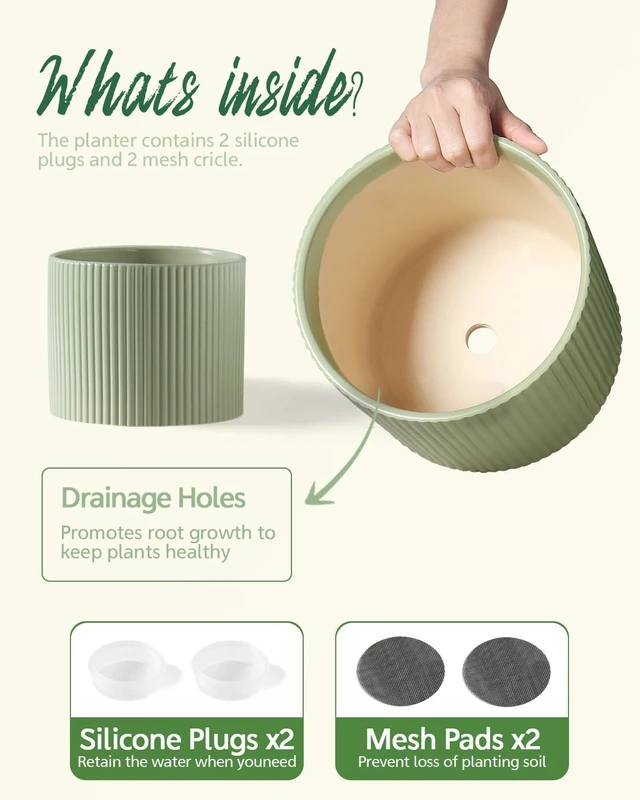 Alt view image 3 of 7 - Ceramic Plant Pots, 8.1 + 6 Inch Planters for Indoor Plants, Modern Flower Pot for Plant with Drainage, Medium Cylinder Flower Pots for Indoor/Outdoor, House Plants, Matte Green