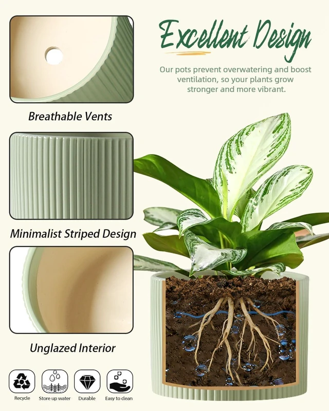 Alt view image 4 of 7 - Ceramic Plant Pots, 8.1 + 6 Inch Planters for Indoor Plants, Modern Flower Pot for Plant with Drainage, Medium Cylinder Flower Pots for Indoor/Outdoor, House Plants, Matte Green