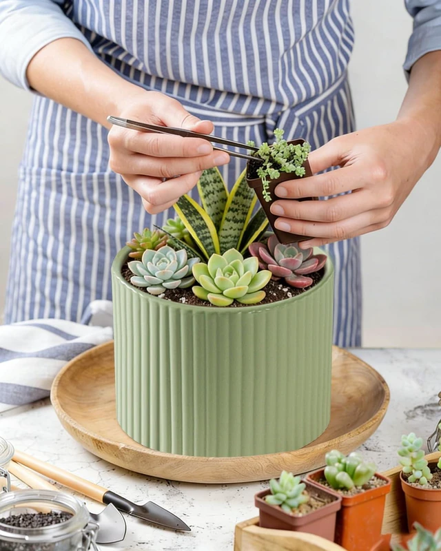 Alt view image 7 of 7 - Ceramic Plant Pots, 8.1 + 6 Inch Planters for Indoor Plants, Modern Flower Pot for Plant with Drainage, Medium Cylinder Flower Pots for Indoor/Outdoor, House Plants, Matte Green