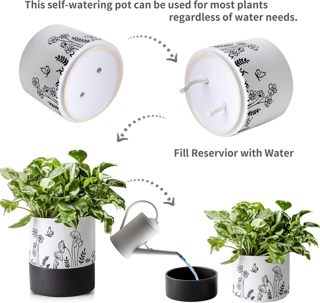 Alt view image 3 of 7 - Nihow Self Watering Pots for Indoor Plants,6 Inch,White,Hand Painting