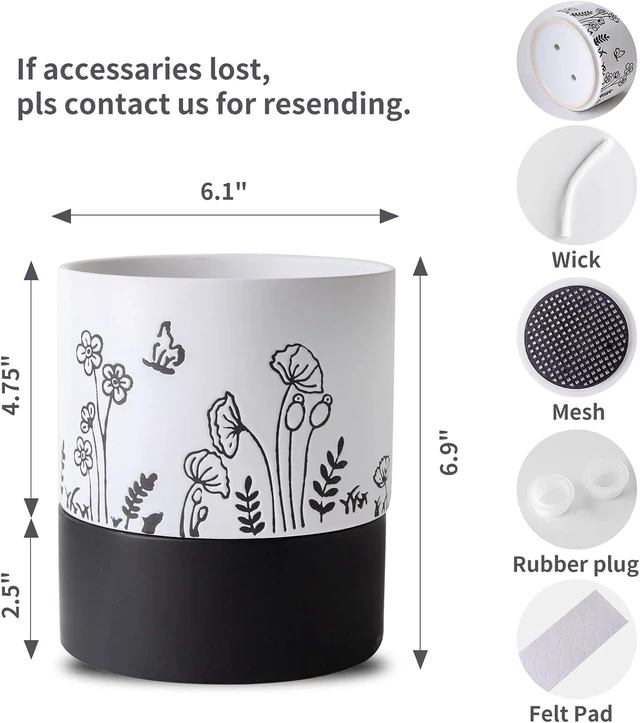 Alt view image 2 of 7 - Nihow Self Watering Pots for Indoor Plants,6 Inch,White,Hand Painting