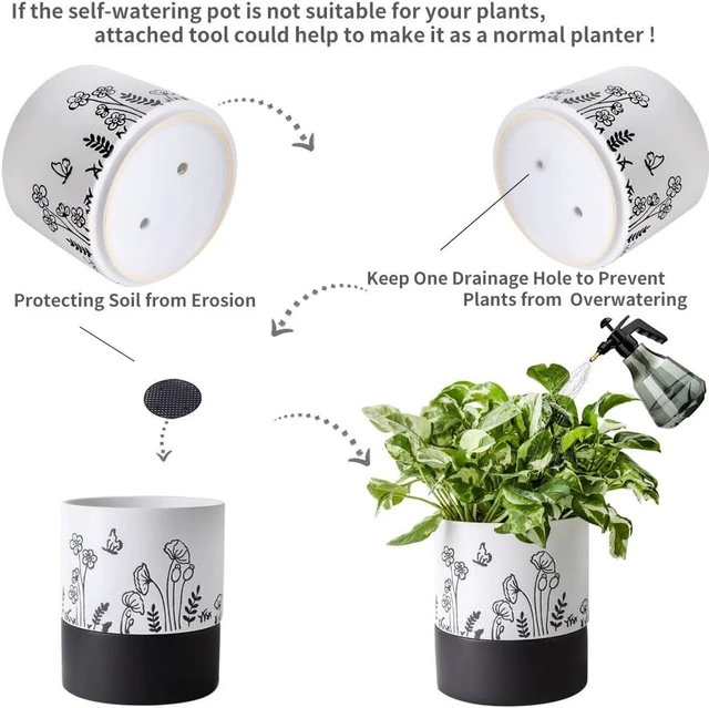 Alt view image 7 of 7 - Nihow Self Watering Pots for Indoor Plants,6 Inch,White,Hand Painting