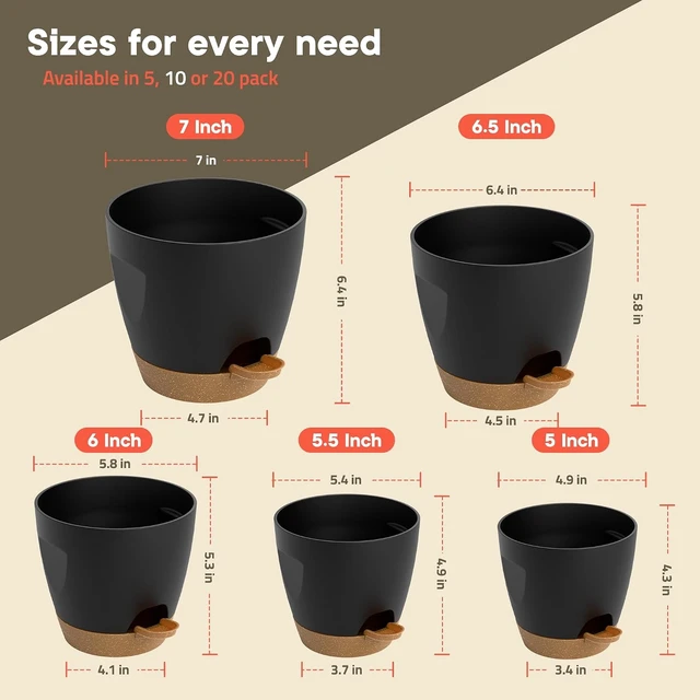 Alt view image 2 of 7 - Black Self Watering Pots 10 Pack, Indoor and Outdoor Plant Pots with Wick Rope & Drainage Holes, Easy Watering Lip, Lightweight Plastic Self Watering Planter for Succulents, Houseplants, and Herbs