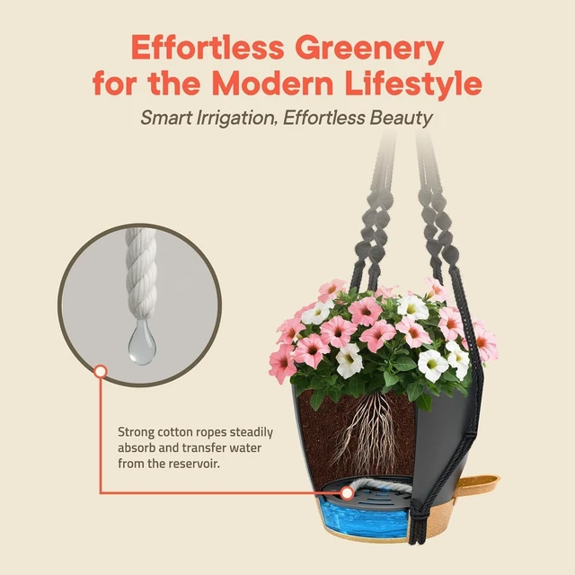 Alt view image 6 of 7 - Black Self Watering Pots 10 Pack, Indoor and Outdoor Plant Pots with Wick Rope & Drainage Holes, Easy Watering Lip, Lightweight Plastic Self Watering Planter for Succulents, Houseplants, and Herbs