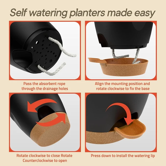 Alt view image 7 of 7 - Black Self Watering Pots 10 Pack, Indoor and Outdoor Plant Pots with Wick Rope & Drainage Holes, Easy Watering Lip, Lightweight Plastic Self Watering Planter for Succulents, Houseplants, and Herbs