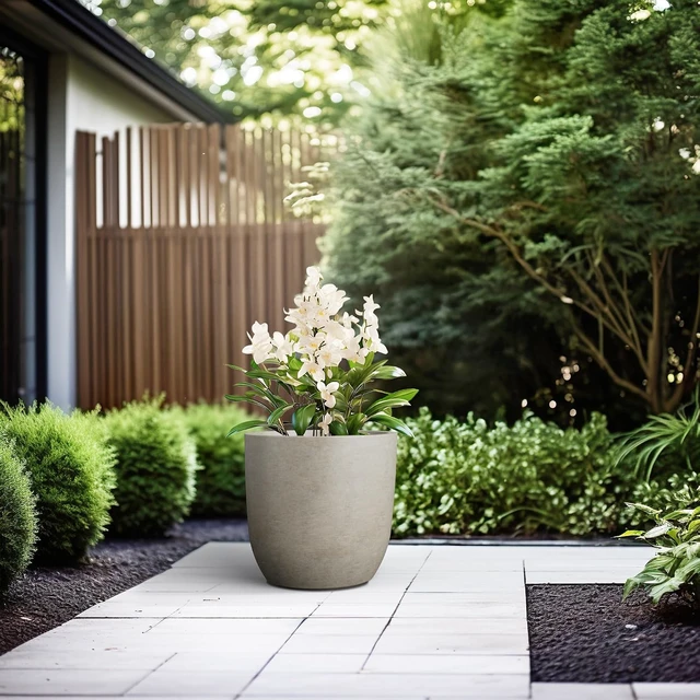 Alt view image 6 of 7 - Kante Accent Round Curved Weathered Concrete Planter 13.3" Dia, Outdoor