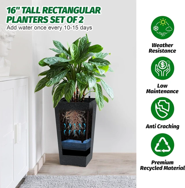 Alt view image 2 of 7 - Garvee 16" Tall Planters Set of 2, OutdoorIndoor Planter Pots, Black