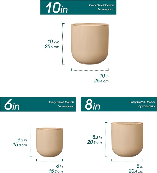 Alt view image 2 of 7 - vancasso 6+8+10 inches Ceramic Plant Pots, Set of 3, Planters with Drainage Hole, Flower Pots Planters Pots for Indoor Plants, Modern Indoor Decorative Garden Pot, Home Decor, Brown