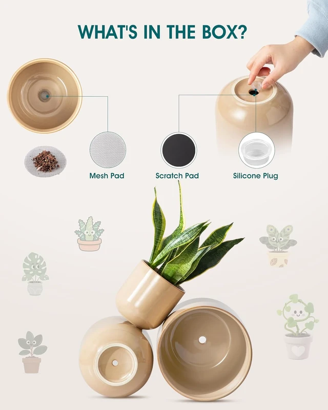 Alt view image 3 of 7 - vancasso 6+8+10 inches Ceramic Plant Pots, Set of 3, Planters with Drainage Hole, Flower Pots Planters Pots for Indoor Plants, Modern Indoor Decorative Garden Pot, Home Decor, Brown
