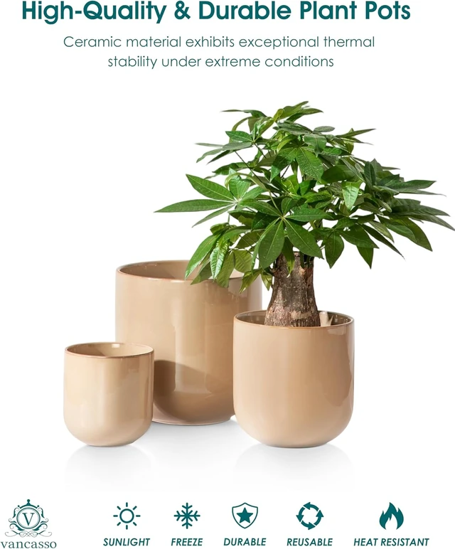 Alt view image 4 of 7 - vancasso 6+8+10 inches Ceramic Plant Pots, Set of 3, Planters with Drainage Hole, Flower Pots Planters Pots for Indoor Plants, Modern Indoor Decorative Garden Pot, Home Decor, Brown