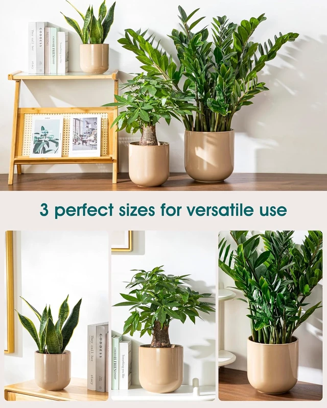 Alt view image 5 of 7 - vancasso 6+8+10 inches Ceramic Plant Pots, Set of 3, Planters with Drainage Hole, Flower Pots Planters Pots for Indoor Plants, Modern Indoor Decorative Garden Pot, Home Decor, Brown