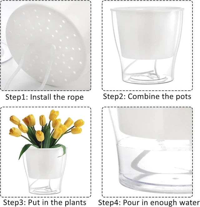 Alt view image 4 of 7 - ZOOFOX 4 Pack Self Watering Pots for Indoor Plants, 7 Inch Large Clear Plastic Automatic-Watering Plant Pot, Modern Decorative Pot for Indoor Plants, Flowers, Herb, Aloe, Orchid, African Violets
