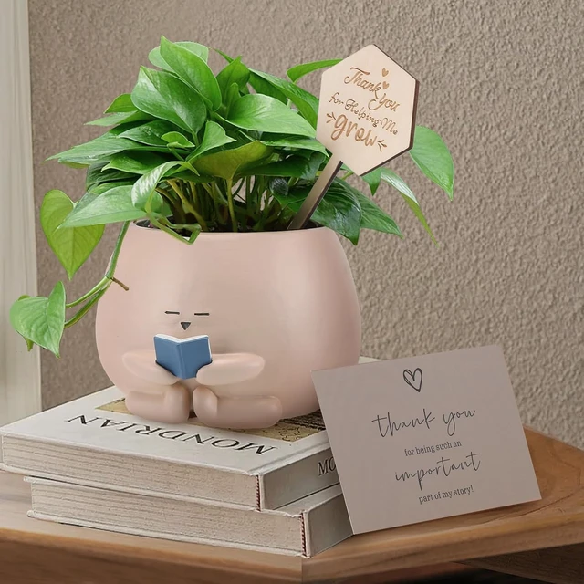 Alt view image 2 of 7 - Bookworm Planter Pot - Cute Plant Pots for Succulents with Thank You Sign & Card, Small Reading Planter for Indoor Outdoor Decor, Succulent Gifts for Book Lovers, Teacher Dad Mom Appreciation