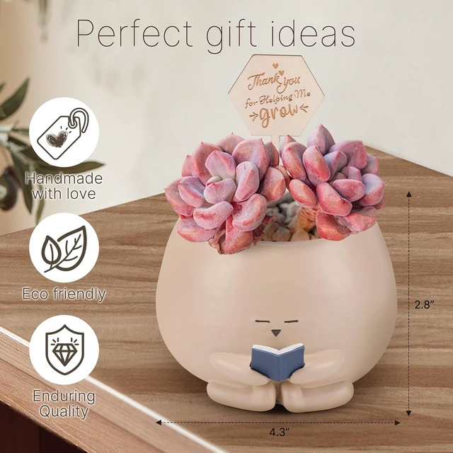 Alt view image 3 of 7 - Bookworm Planter Pot - Cute Plant Pots for Succulents with Thank You Sign & Card, Small Reading Planter for Indoor Outdoor Decor, Succulent Gifts for Book Lovers, Teacher Dad Mom Appreciation