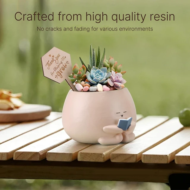 Alt view image 5 of 7 - Bookworm Planter Pot - Cute Plant Pots for Succulents with Thank You Sign & Card, Small Reading Planter for Indoor Outdoor Decor, Succulent Gifts for Book Lovers, Teacher Dad Mom Appreciation